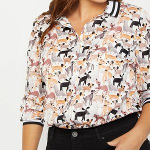 Eloquii Button Down Watercolor Dog Print Blouse With Striped Collar
